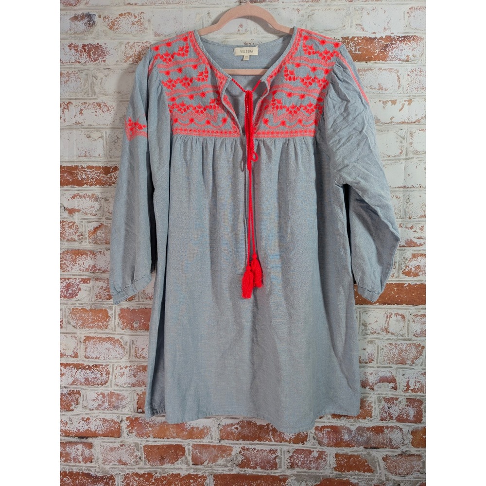 Velzera Tunic Top Women 2XL Blue Orange Embroidered Boho Cotton Tassel 1627
